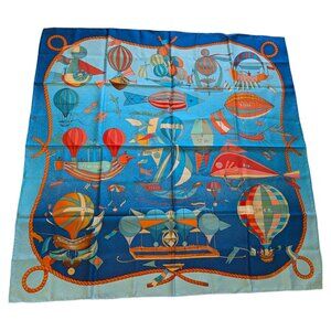 HERMES Vintage Les Folies Du Ciel Blue Turquoise 90 cm Silk Square Scarf RARE